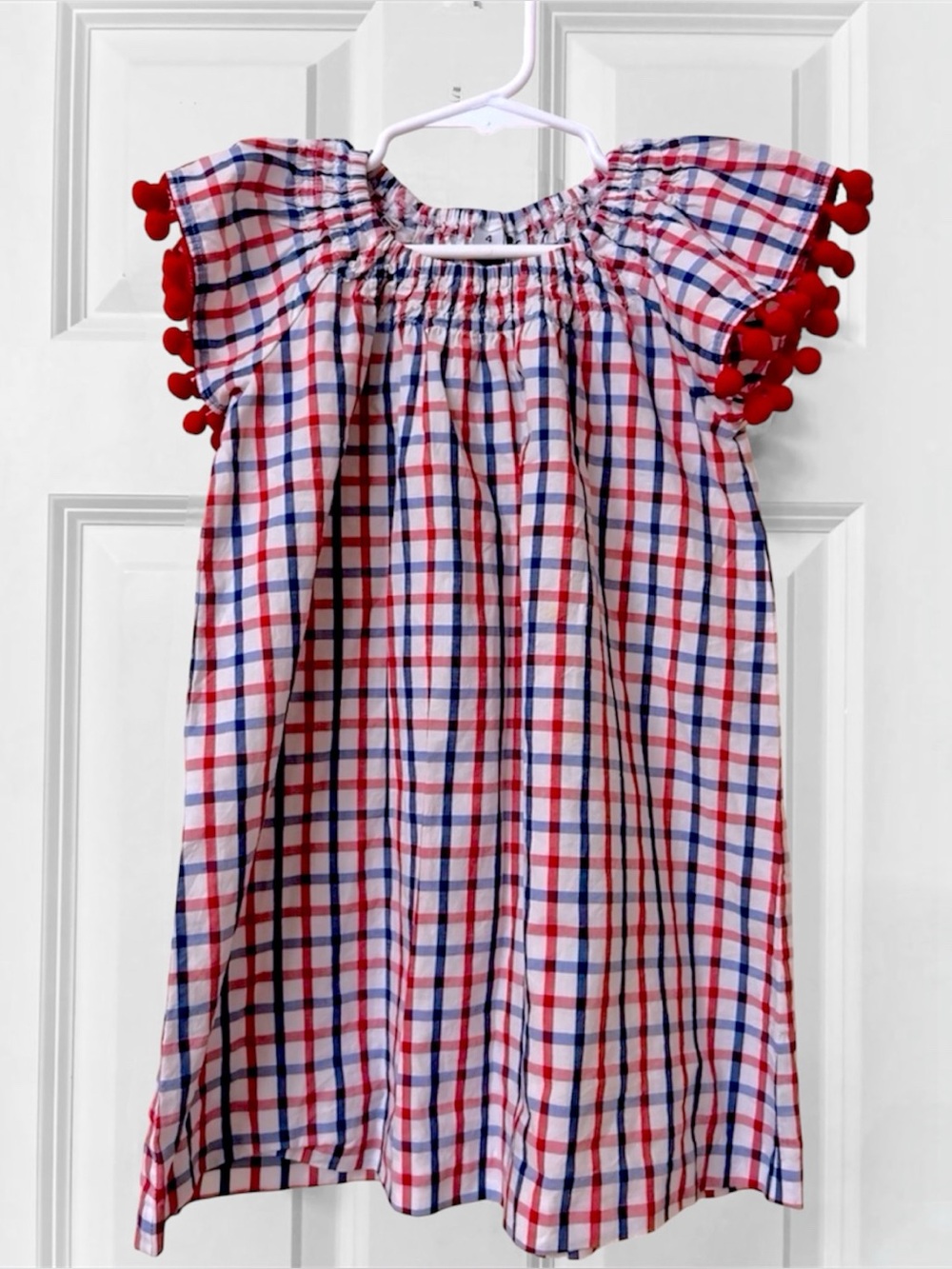 Girls Busy Bees Gingham Dress with Pom Pom Flutter Sleeves Size 4
